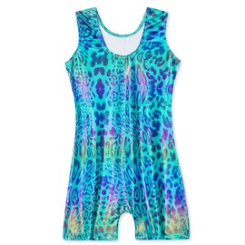 Domusgo Gymnastics Leotards for Girls Size 5-6 Years Old Shiny Emerald Leopard Sleeveless Biketards