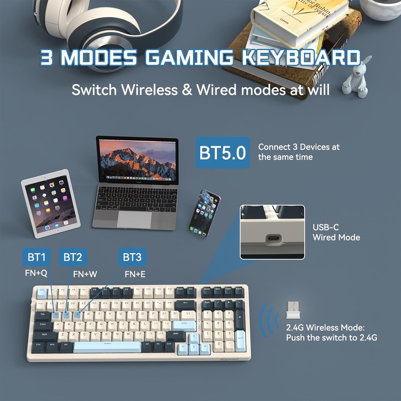 ATTACK SHARK K8 Wireless Mechanical Keyboard, Trip-Mode BT5.0/2.4G/Wired Gaming Keyboard