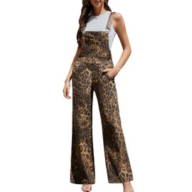 Odefou Leopard Print Overalls for Women Loose Fit Bib Coveralls Fashion Animal Jumpsuits Straight Leg Pants(Brown Leopard,M)