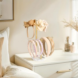 Josmimic Gold Headband Holder and Scrunchie Organizer: Hair Accessory Storage Stand with White Marble Base, Two-Tier Design for Bathroom, Vanity, or Dresser