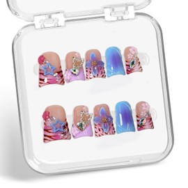 Handmade Press on Nails Leopard Print 3D Luxury Flower & Butterfly Fake Nail Designs Gradient Stick on Nails Full Cover Flower Press on Nails Short Duck Muti-Layer Gel Thick Acrylic Nail for Womenï¼ˆM)