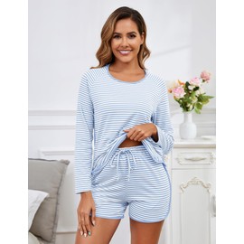 Namatime Cotton Pajama Sets for Women Soft 2 Piece Stripe Lounge Set Long Sleeve Shorts Pj Set Loungewear Sleepwear with Pockets Comfy Sleep Set 2025 Fall Winter Light Blue Large