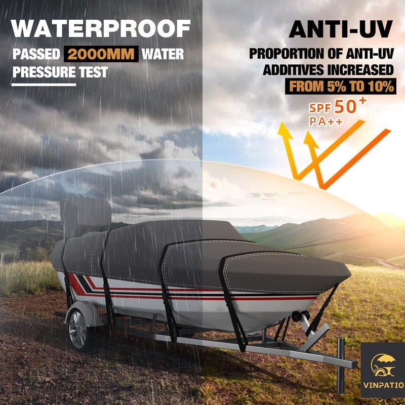 VINPATIO 14-16 ft V-Hull Boat Cover, 600D Solution-Dyed Oxford 100%
