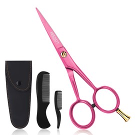 HB DOT - Professional Mustache Scissors, 5 Inches Black Mustache Beard Scissors, German Stainless Steel Beard Scissors for Men with Case, 2 Combs (Special Pink)