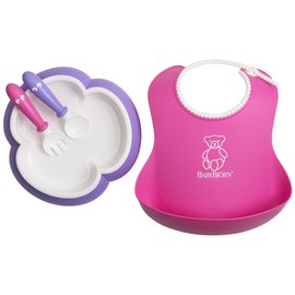 Baby Feeding Set - Pink Soft Bib, Purple Plate, Purple Spoon and Pink Fork
