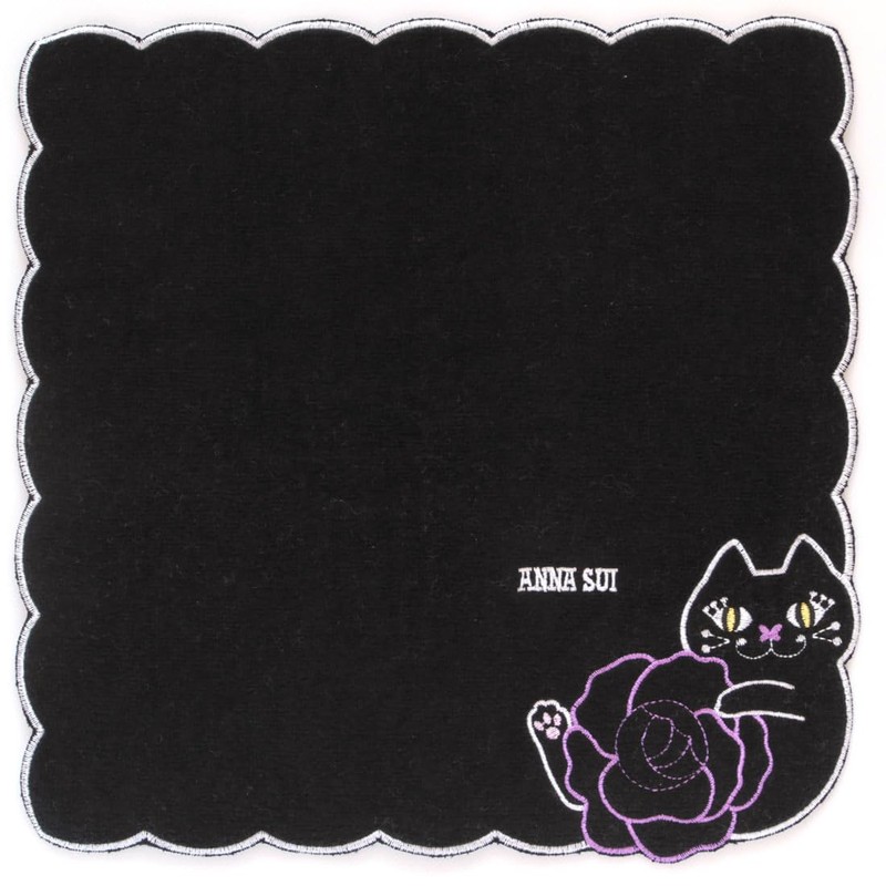 ANNA SUI 109482-0011-04 Towel Handkerchief, Rose & Cat Embroidery, Black