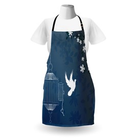 Lunarable Romantic Apron, French Style Love Theme Bird Cage and Dove Flying out with Swirls, Unisex Kitchen Bib with Adjustable Neck for Cooking Gardening, Adult Size, Blue Indigo