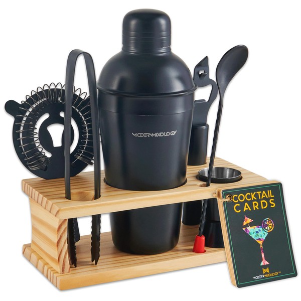 Mixology Bartender Kit - 8-Piece Black Matte Cocktail Shaker Set with Pine Wood Stand, Recipe Cards, and Bar Accessories - Bartender Gifts for Home Bar, Parties