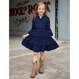 Arshiner Girls Dress Swiss Dot V Neck Long Sleeve Ruffle Tiered Boho Party Casual Formal Party Dress Navy Blue 11-12Y