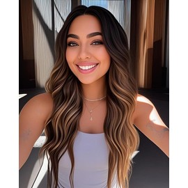 Long Brown Blonde Highlights Wigs for Women 26inch Wavy Curly Wig Natural Looking Middle Part Synthetic Heat Resistant Hair Replacement Wigs for Daily