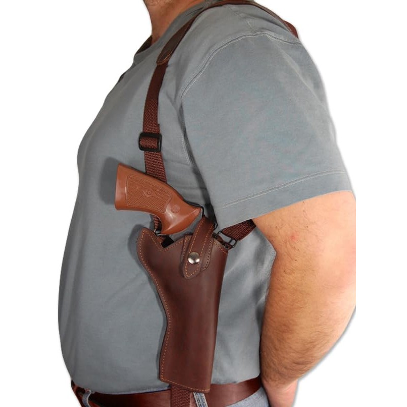 Barsony Brown Leather Vertical Shoulder Holster w/Speed-loader Pouch for 6"