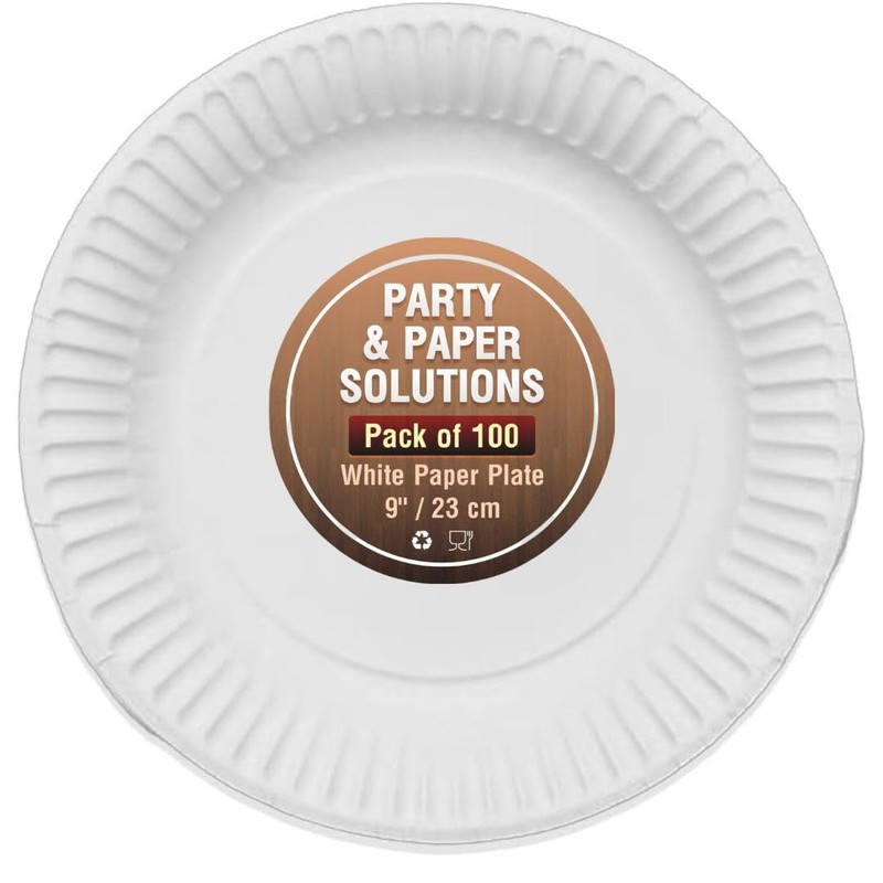 100 WHITE PAPER PLATES - 9 inch/23cm quality durable plates
