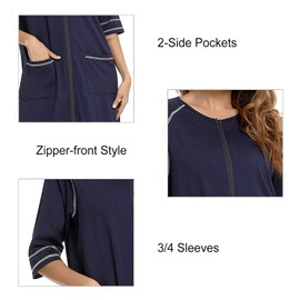 Artfasion Women Zipper Robe 3/4 Sleeves Cotton Robes Long Sleepwear with Pockets Bathrobe Loungewear Nightgown
