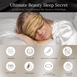 SILKSLEEK Eye Mask for Sleeping, 22 Momme Pure Mulberry Silk Sleep Mask Filled with 100% Pure Silk, Travel Essentials, Super Soft & Comfortable Blackout Eye Mask in Gift Box… (Gold)
