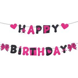 Glitter Happy Birthday Banner, Black & Hot Pink Girls Party Decorations Pre-Strung Bow Heart Party Hanging Sign Backdrop Wall Decor for Girls Women Parties Supplies