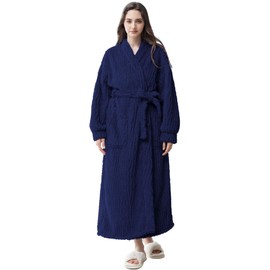 Artfasion Womens Robes Plush Bathrobe: Ultra Soft Flannel Spa Ladies Bathrobe Long V-Neck Fluffy House Robes with Belt 2 Pockets for Wife Mom Gifts Spa (Navy Blue L-XL)