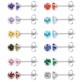 MILACOLATO 12Pairs Silver Stud Earrings for Women Girls Hypoallergenic Surgical Steel Earrings Birthstone Earrings Small Multicolor Cubic Zirconia Stud Earrings Set Cartilage Sleeper Earrings 4mm
