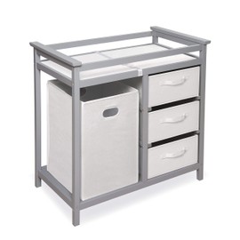 Badger Basket Modern Baby Changing Table - Nursery Furniture with Laundry Hamper and 3 Storage Drawers - Diaper Changing Station with Safety Belt, Changing Pad, and Organizer Baskets - Gray and White