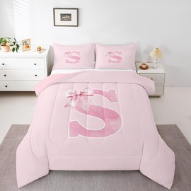 Erosebridal Initial S Comforter Set Twin,Monogrammed Bows Bedding for Girls Women Teen,Coquette Trendy Preppy Pink Bowknot Quilt,Initial Bedroom Room Decor,Soft Microfiber(S)