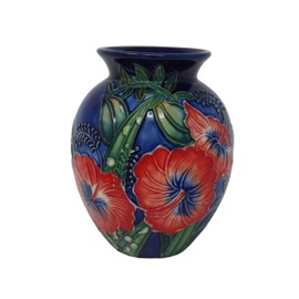 Old Tupton Ware Hibiscus Vase 4" 1599 Hand Made Tube Lined Pottery Blue & Red