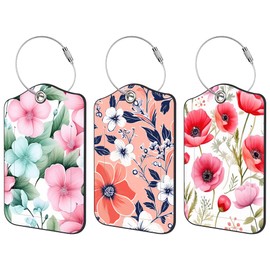 3 Pack Luggage Tags for suitcases Watercolor Retro Flowers Leather Luggage Tag, Identifiers with Privacy Name ID Label and Metal Loop for Men Women Travel Bag Suitcase