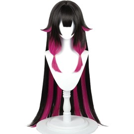 Columbina Wig Black Mixed Red Long Straight Small Ponytail Cosplay Wig Heat Resistan Synthetic Fiber Hair for Unisex Adult Halloween Cos Anime Party Replacement Wigs