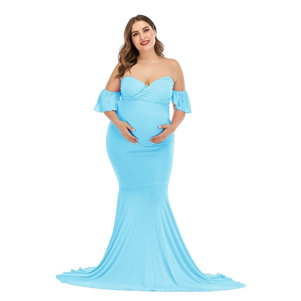 ZIUMUDY Vestido de Maternidad con Hombros Descubiertos y Elegante para sesión de Fotos, Vestido de Sirena para Baby Shower, Celeste, L-XL
