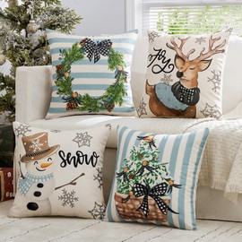 MIULEE Set of 4 Blue Decorative Pillow Covers 20x20 inch Snowman Elk Merry Christmas Throw Pillow Cases Winter Seasonal Cushion Cases Home Decors for Sofa Couch Bedroom