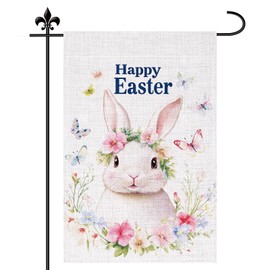 Easter Garden Flag, 12x18 Inch Double Sided Burlap Cute Bunny Flag Sign Flowers Spring Garden Flags for Seasonal Outdoor Yard Holiday House Decorations (Happy Easter)
