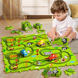 JUKUDAHU 64 Pieces Puzzle Race Track Car Set Toys for 3 4 5 6 Year Old Boys - Puzzle Tracks Car Toys for Kids Ages 3-5 with 3 Sliding Toy Cars, Animals-Themed, Birthday Gifts for Toddlers 1-3 2-4 4-6