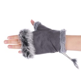 ITODA Suede Women Fingerless Gloves Faux Fur Warm Wrist Half Finger Driving Texting Winter Fuzzy Cold Weather Warmer Mitten