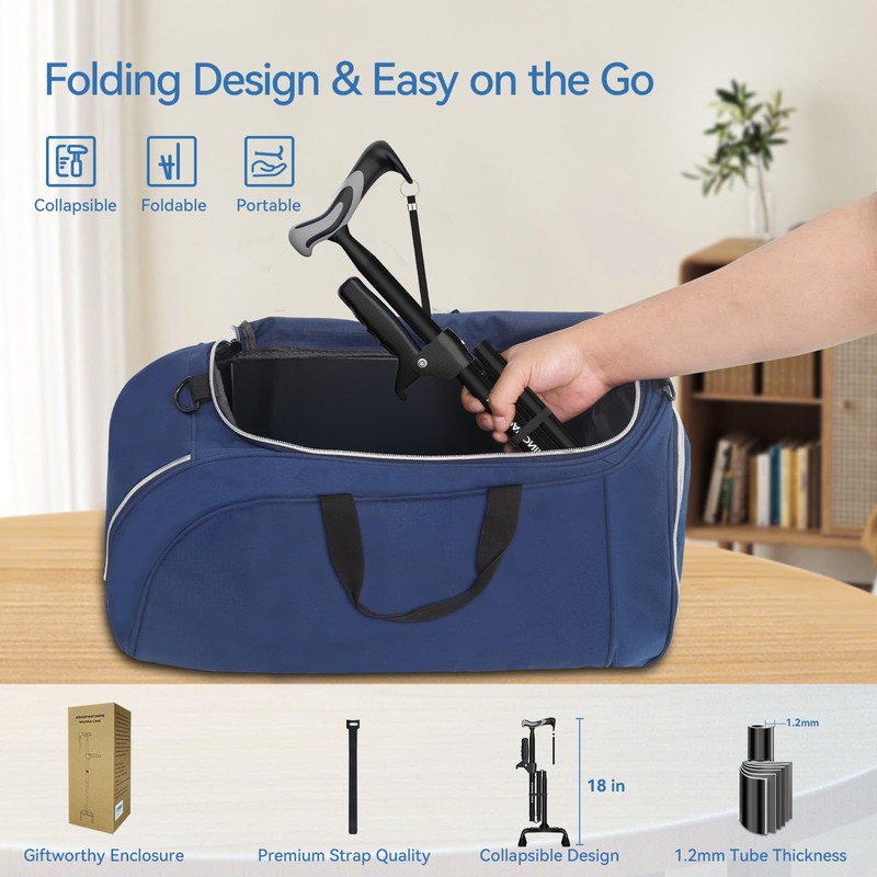 KingPavonini Walking Cane for Women/Men with Second Handle, Foldable &