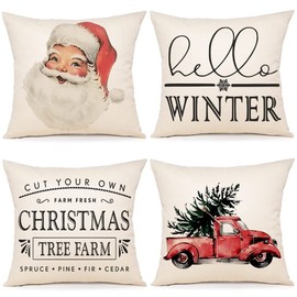 Christmas Pillow Covers 18x18 Set of 4 Christmas Pillows Farmhouse Christmas Decorations Rustic Outdoor Throw Pillows Linen Pillow Case for Couch Sofa Docor