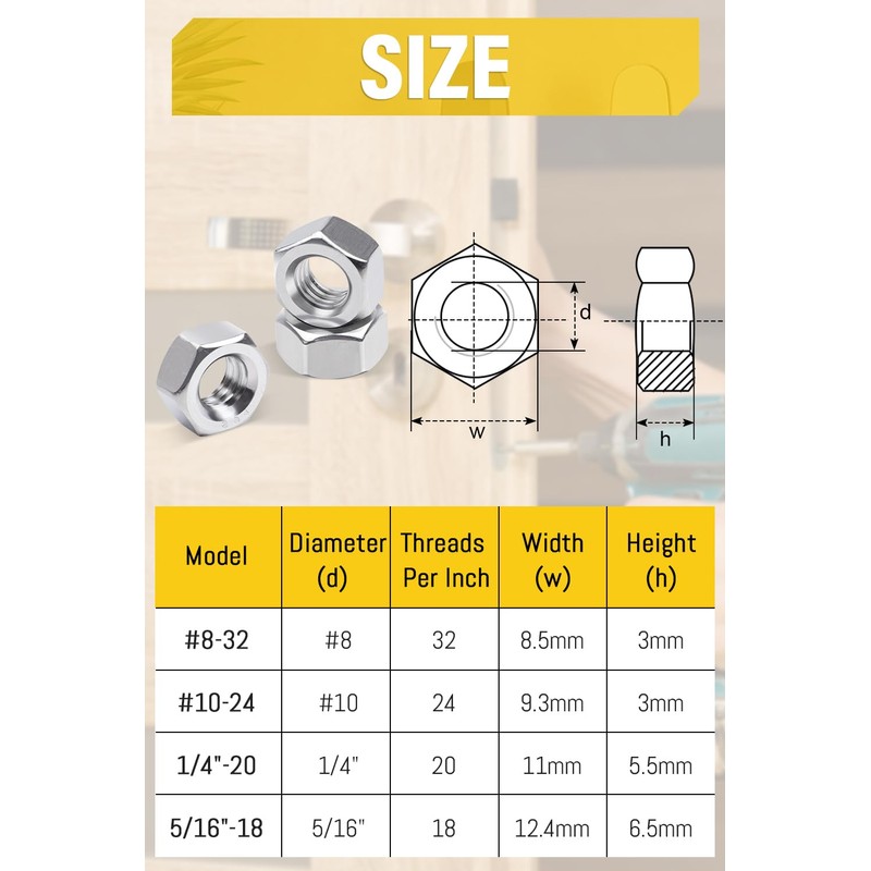 Caianwin 50Pcs 1/4"-20 Stainless Hex Nuts 304 Stainless Steel Nuts