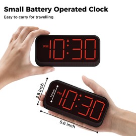 Acedeck Battery Operated Digital Clock: Cordless Small Alarm Clock for Bedroom Travel - Large Numbers 4 Dimmers for All Ages Red Digits