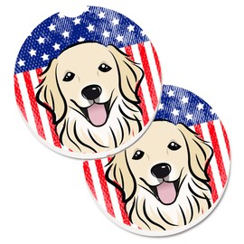 Caroline's Treasures BB2135CARC American Flag and Golden Retriever Set of 2 Cup Holder Car Coasters Absorbent Sandstone Coasters for Car Cup Holders Gifts for Men or Women, Large, Multicolor