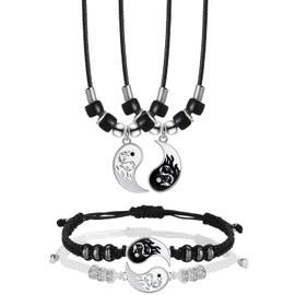 Hicarer Yin Yang Friend Couple Necklace and Bracelet Set, 2 Pieces Matching Yin Yang Dragon Pendant Necklace 2 Pieces Yin Yang Adjustable Cord Bracelet for BFF Boyfriend Girlfriend Birthday Gifts