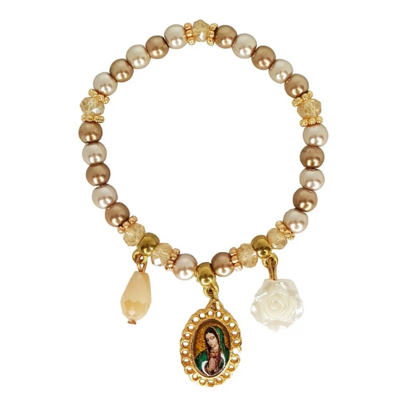 12 Pulseras Beige Recuerdo Bautizo Comunion Virgen Guadalupe