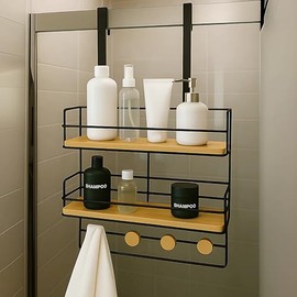SDZOREN Over-the-Door Shower Caddy, Large Rustproof Hanging Bathroom Organizer with 2 Wooden Shelves & 4 Towel Hooks - Easy Hang, No Tools Needed - Matte Black