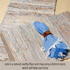 Chardin home Natural Jute Table Runner 13x90 Inch – Vintage Boho Rustic Table Decor – Handwoven Table Runner in Natural Jute and Sky Blue-White – Farmhouse Dining or Console Table Accent