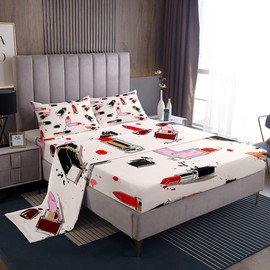 Girls Fashion Beauty Sheet Set Queen Size Lipstick Makeups Theme Bedding Set 4Pcs for Women Teens Room Decor Modern Black Red Pink Bed Sheet Soft Microfiber Fitted + Flat Sheet,2 Pillowcases