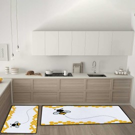 Kitchen Rugs and Mats Set of 2 Pieces Anti Fatigue Standing Mat Honey Bumble Bee Hive Cute Cartoon Non Slip Washable Comfort Flooring Carpet Runner for Kitchen Home