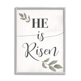 Stupell Industries He is Risen Faith Phrase Green Country Leaves, Designed by Daphne Polselli Gray Framed Wall Art, 11 x 14, Black