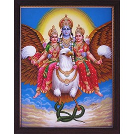 HandicraftStore Supreme Lord Vishnu with his Wife Laxmi and Giving Blessings, A Poster Painting with framing, Must for Hindu Religious and Worship Purpose
