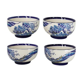 Ebros Gift Pack Of 4 Restaurant Grade Blue Japanese Hokusai Great Wave Design Ceramic Thick Double Wall Medium Rice Or Noodle Bowls 22oz 6.25" D Kitchen Essentials Cereal Soup Appetizer Dessert Bowl