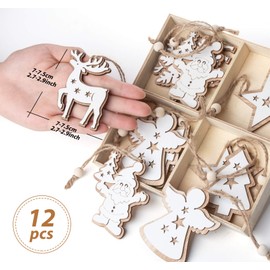 Adorfine Pack of 12 Wooden Christmas Tree Decorations, Double-Layer Christmas Ornaments, Christmas Tree Decorations, Wooden Christmas Tree Ornaments, Decorations for Christmas Calendar, Decoration, White