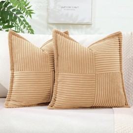 OTOSTAR Set of 2 Corduroy Throw Pillow Covers with Splicing Super Soft Boho Striped Pillow Covers Broadside Decorative Textured Throw Pillows for Couch Sofa Bed Living Room 24x24 Inch, Khaki