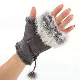 XINCHIA Women’s Winter Faux Fur Leather Half Finger Gloves Fashion Warm Fingerless Mittens Fleece Lined Warmer Wrist Gloves Touchscreen Thicken Mittens with Adjustable Elastic Band (Light grey)