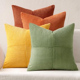 MIULEE Set of 4 Corduroy Cushion Covers, Patchwork Cushion Covers, Soft Decorative Cushion, Modern Invisible Zip, Sofa Cushion Decorative Cushion for Sofa, Living Room, Bedroom, Orange Green Series,