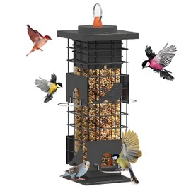 Hsmanchry Squirrel Proof Bird Feeders for Outdoors Hanging, Metal Wild Bird Feeder with 4 Feeding Ports, 2.5 lb Capacity for Outside, Dark Grey